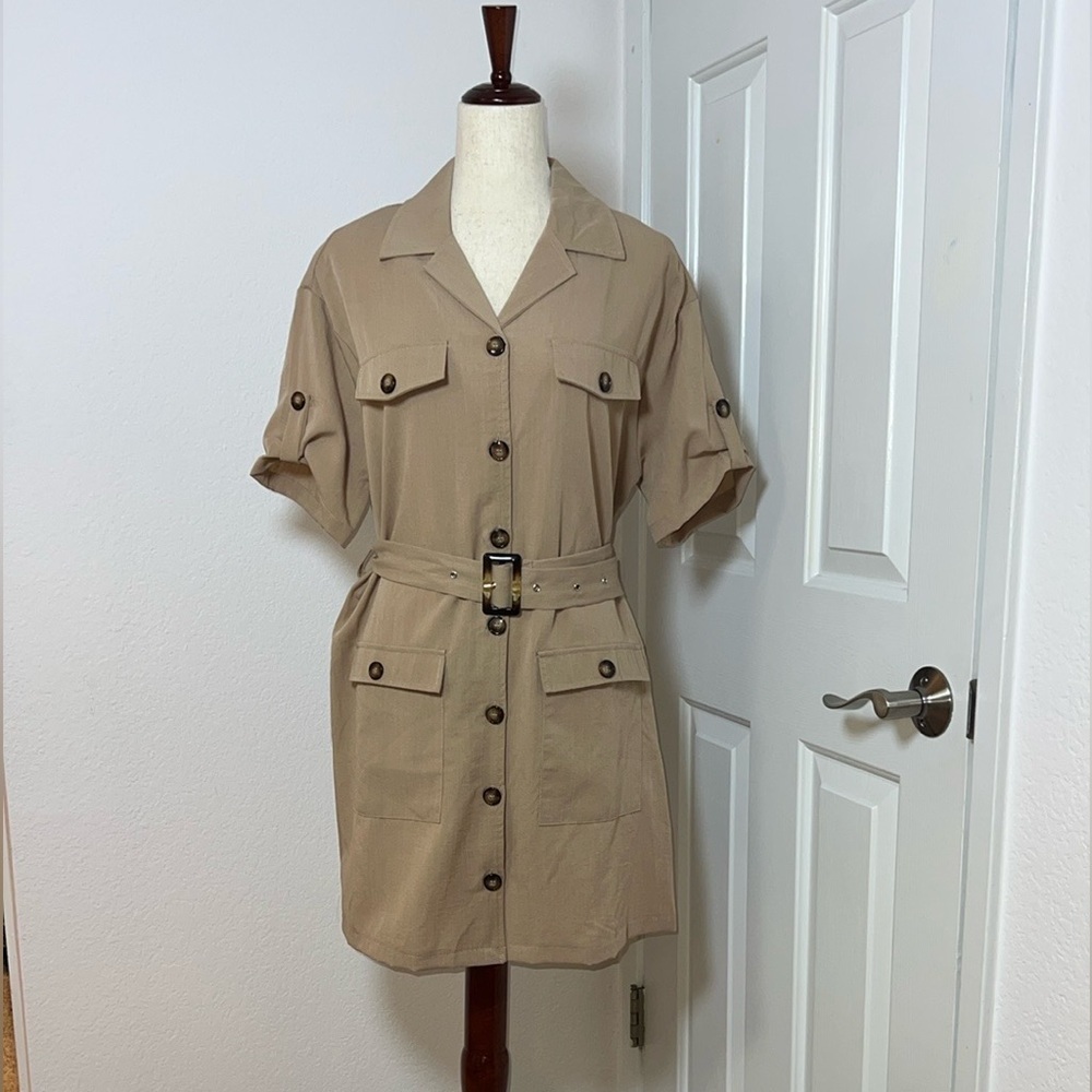 Fashion Nova Tan‎ Button-Up Dress with Belt